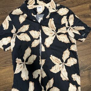 Zara Black and Cream Leaf Pattern Shirt